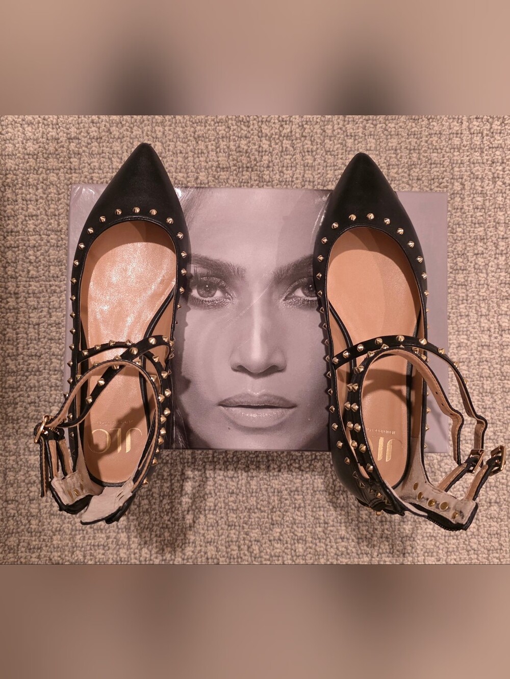 JLO Black Studded Pointed-Toe Women's Flats